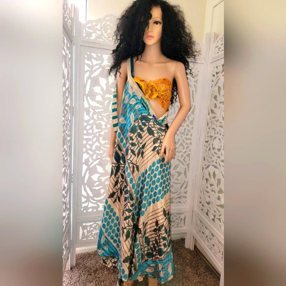 Exotic Silk Turquoise Print Boho Wrap Maxi Skirt - Picture 6 of 10